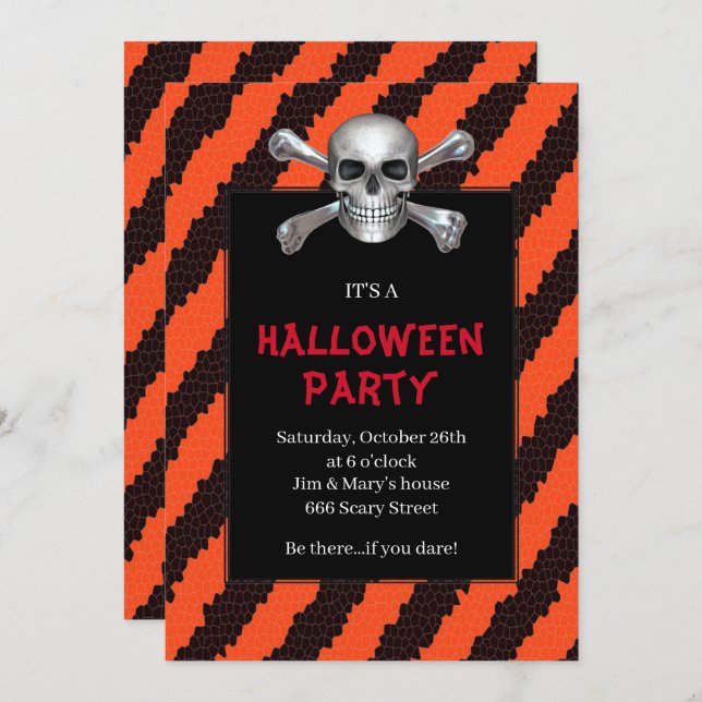 Skull And Crossbones Orange Stripe Halloween Party Invitation (Front/Back)