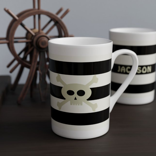 Skull and Crossbones Pirate Striped Bone China Mug (Ahoy! Add your name to this cute pirate stripe bone china mug and set sail for great coffee (or tea))