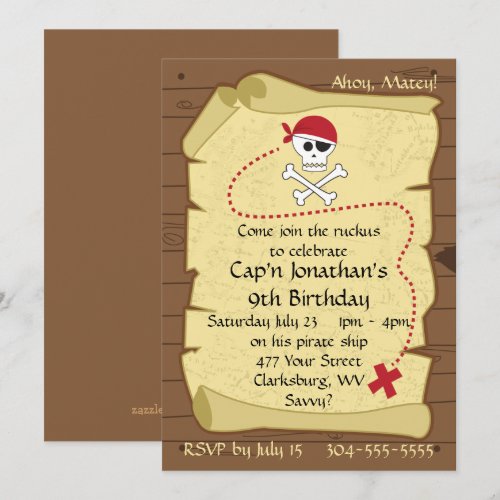 Skull and Crossbones Pirate Treasure Map Birthday Invitation