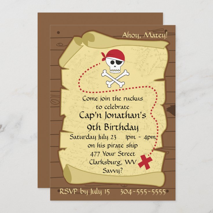 Skull and Crossbones Pirate Treasure Map Birthday Invitation | Zazzle