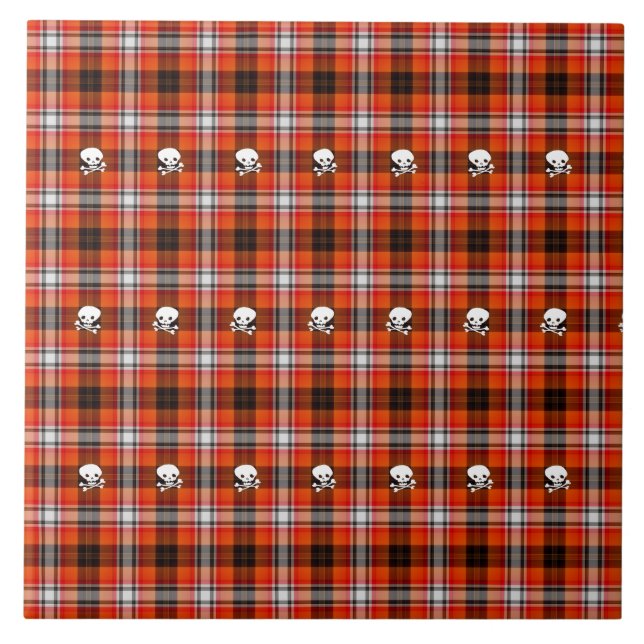 Skull and Crossbones Red and Black Plaid Ceramic Tile (Front)