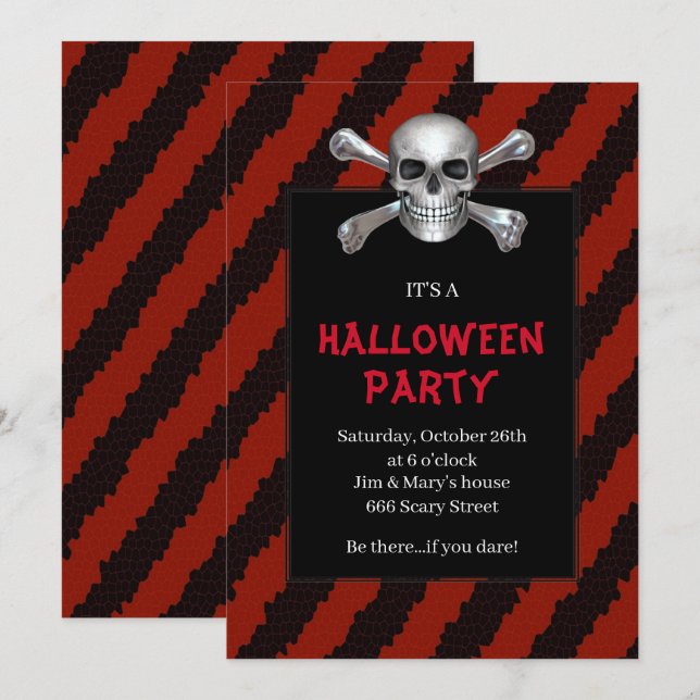 Skull And Crossbones Red Stripe Halloween Party Invitation (Front/Back)