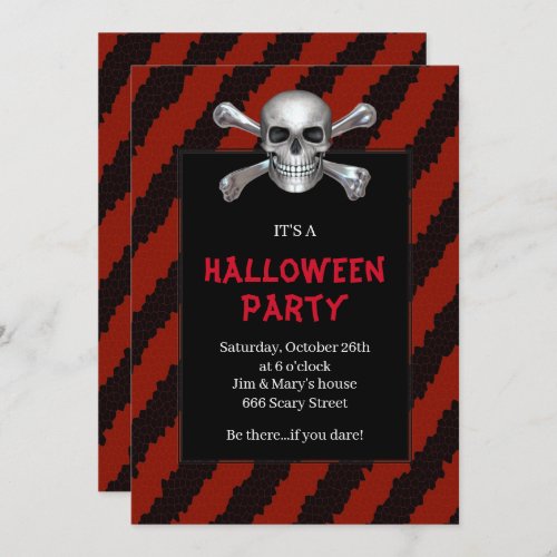 Skull And Crossbones Red Stripe Halloween Party Invitation