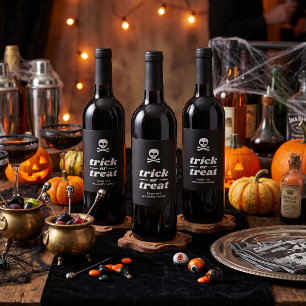 Skull and Crossbones Trick or Treat Party Favor Wine Label