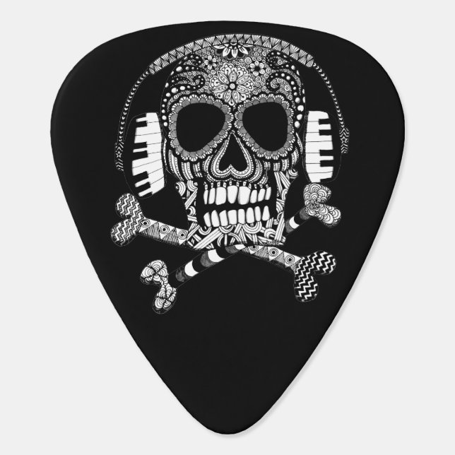 Skull and Crossbones wearing Headphones Music Guitar Pick (Back)