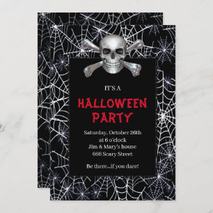 Skull And Crossbones White Cobweb Halloween Party Invitation