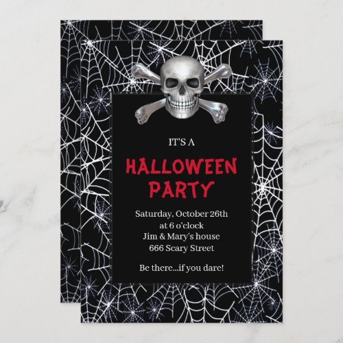 Skull And Crossbones White Cobweb Halloween Party Invitation