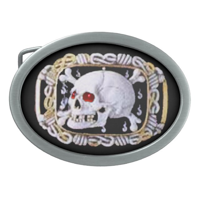 SKULL AND CROSSED BONES RUBY  RENAISSANCE JEWEL OVAL BELT BUCKLE (Front)