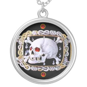 SKULL AND CROSSED BONES RUBY RENAISSANCE JEWEL SILVER PLATED NECKLACE