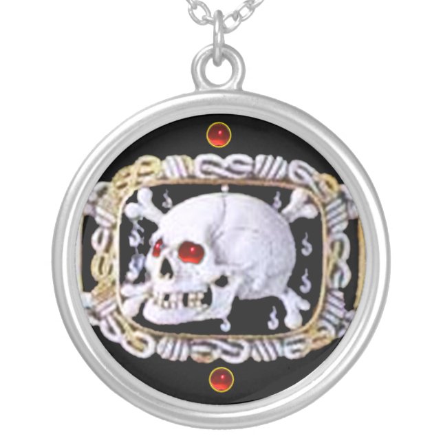 SKULL AND CROSSED BONES RUBY  RENAISSANCE JEWEL SILVER PLATED NECKLACE (Front)