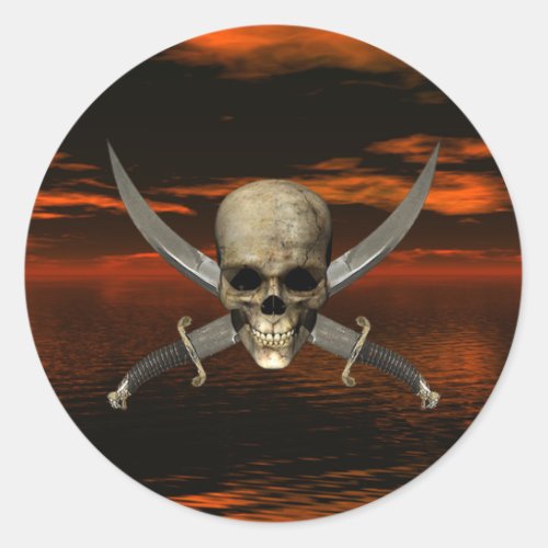 Skull and Crossed Swords wRed Sky Background 1 Classic Round Sticker