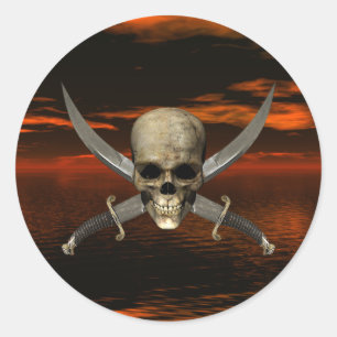 Skull and Crossed Swords w/Red Sky Background 1 Classic Round Sticker