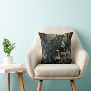 Skull and Crow Motif Design Pillow