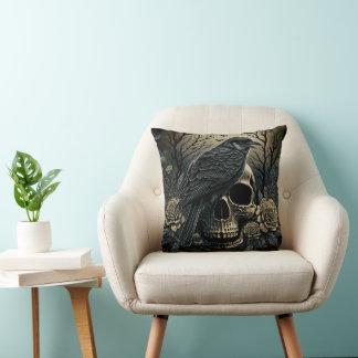 Skull and Crow Motif Design Pillow