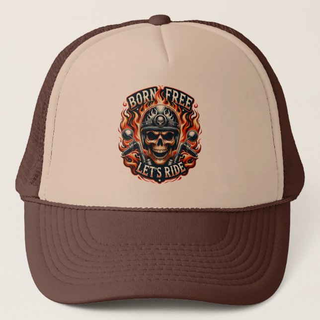 Skull and Flames Motorcycle Emblem Trucker Hat (Front)