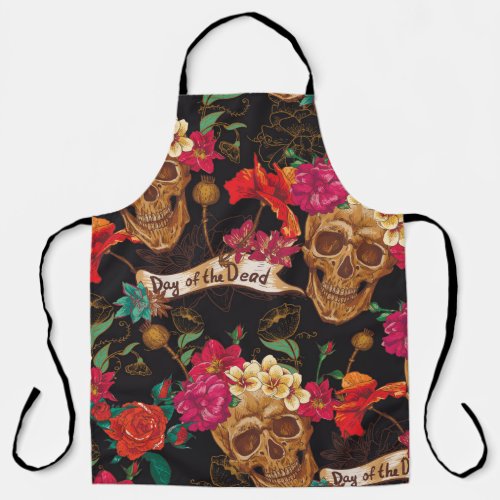 Skull and Flowers Day of The Dead Seamless Backgro Apron