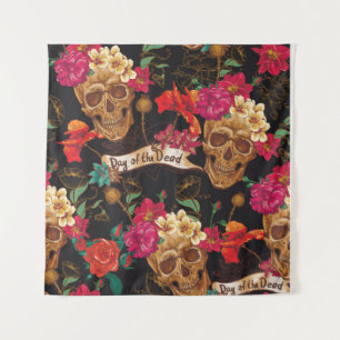 Skull and Flowers Day of The Dead Seamless Backgro Tapestry