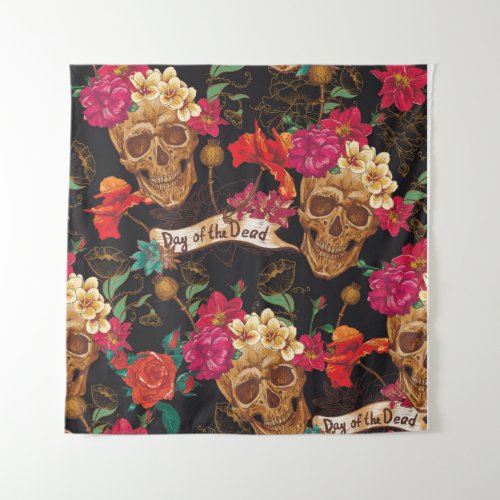 Skull and Flowers Day of The Dead Seamless Backgro Tapestry