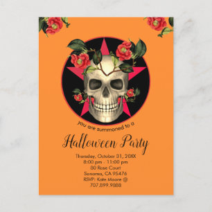 Skull And Flowers Halloween Party Invitation Postcard