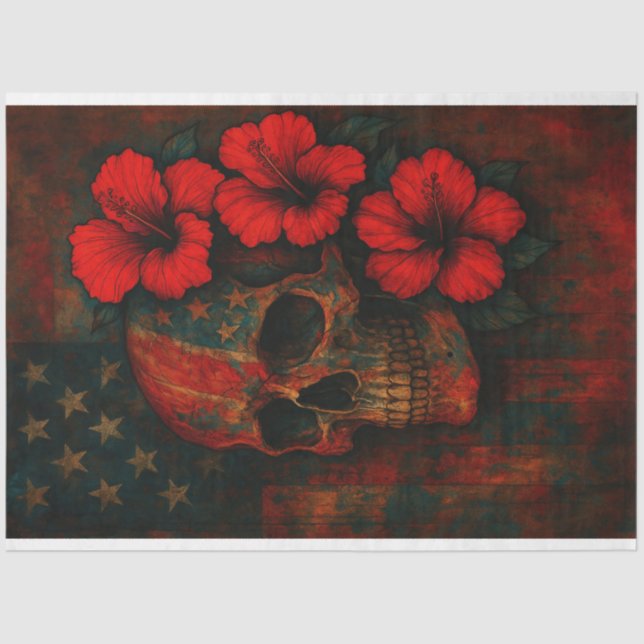 Skull and Flowers on Flag Decoupage Paper  (Front)