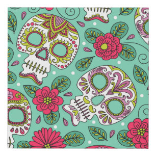 Skull and Flowers. Seamless Background. Mexican da Faux Canvas Print