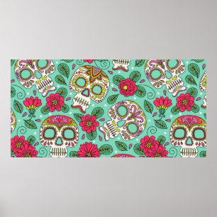 Skull and Flowers. Seamless Background. Mexican da Poster