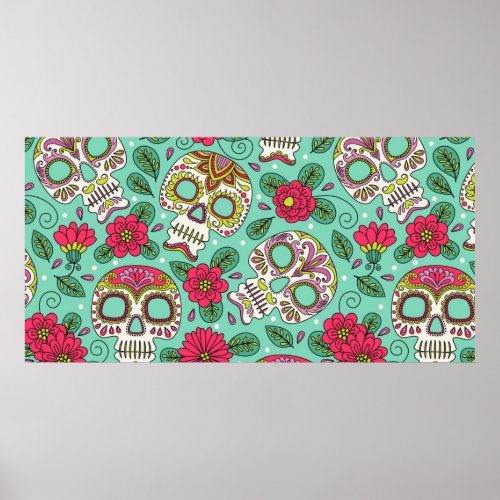 Skull and Flowers Seamless Background Mexican da Poster