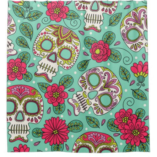Skull and Flowers. Seamless Background. Mexican da Shower Curtain