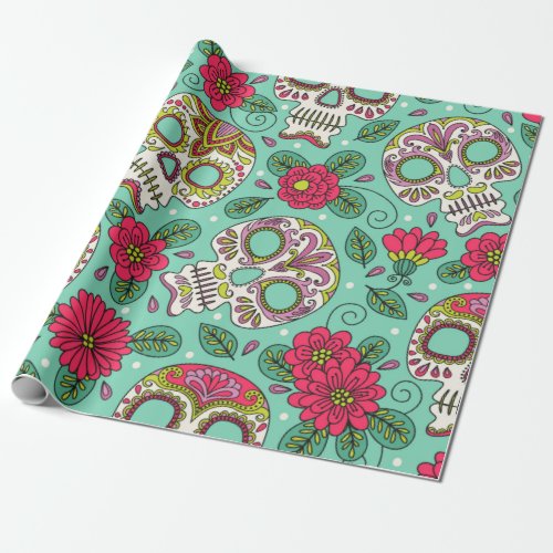Skull and Flowers Seamless Background Mexican da Wrapping Paper