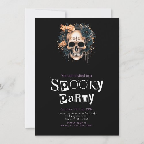 Skull and Flowers Spooky Halloween Party Invitation