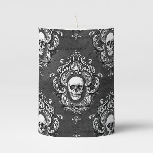 Skull and Grey Gothic Pillar Candle (Front)