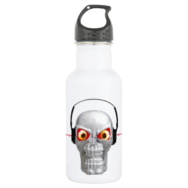 skull and headphones with lightning from ears water bottle (Front)