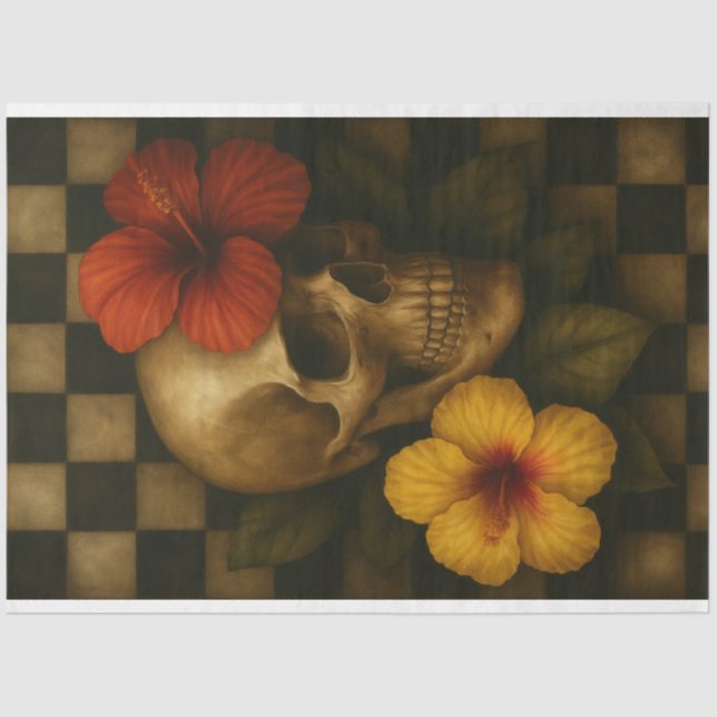 Skull and Hibiscus on Checkerboard Decoupage Paper (Front)