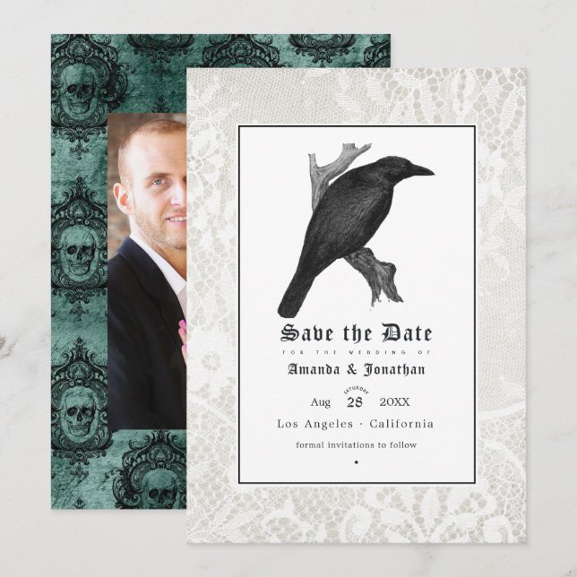 Skull and Lace Gothic Wedding Photo Save The Date (Front/Back)