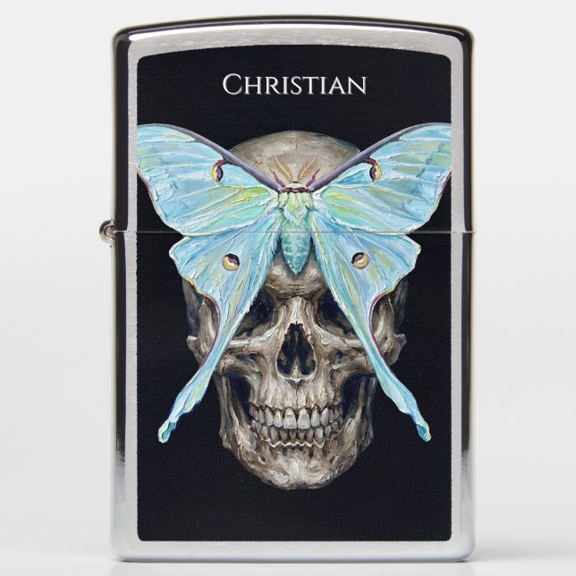 Skull and Luna Moth — Memento Mori Zippo Lighter (Front)