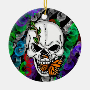 Skull and Monarch Butterfly Christmas or Halloween Ceramic Ornament