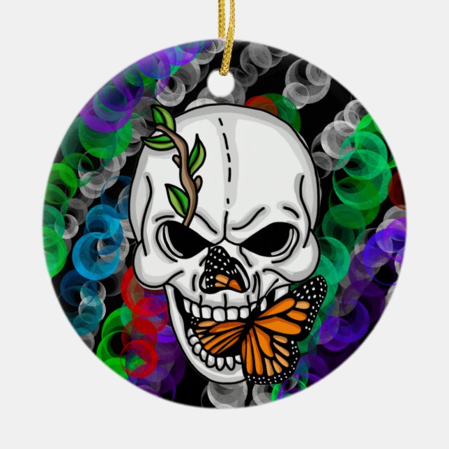 Skull and Monarch Butterfly Christmas or Halloween Ceramic Ornament (Front)