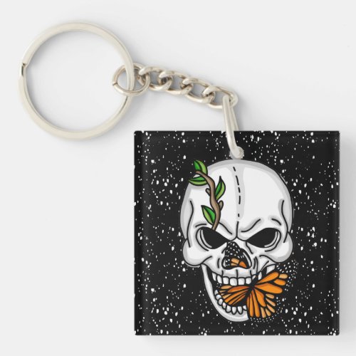 Skull and Monarch Butterfly digital art  Keychain