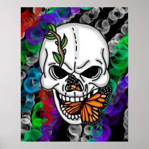 Skull and Monarch Butterfly Digital Art Poster