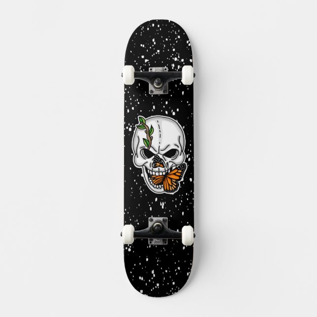 Skull and Monarch Butterfly Digital Art Skateboard (Front)