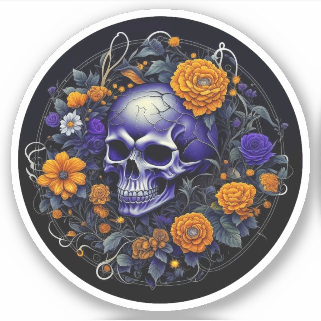 Skull and Orange Flowers AI art Sticker (Front)