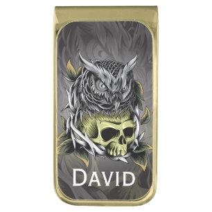 Skull and Owl  Gold Finish Money Clip