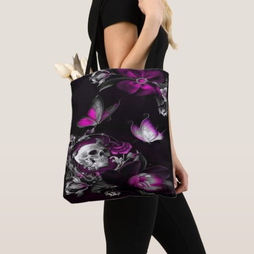 Skull and Pink Butterflies Tote Bag