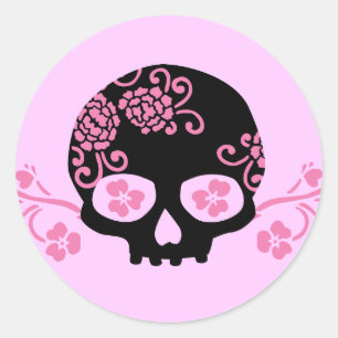 Skull and Pink Flower Pattern Classic Round Sticker