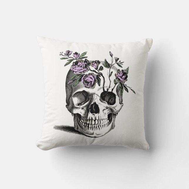 Skull and Pink Flower Throw Pillow (Front)