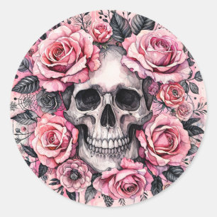 Skull and Pink Roses Gothic Classic Round Sticker
