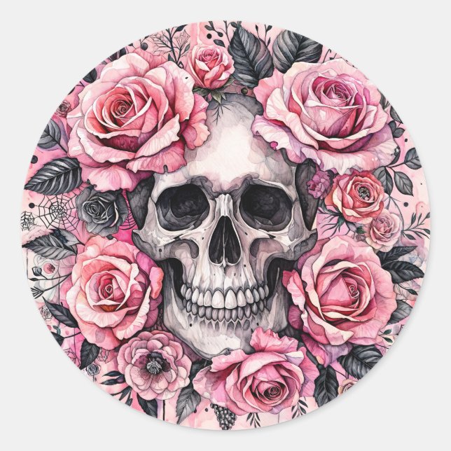 Skull and Pink Roses Gothic Classic Round Sticker (Front)