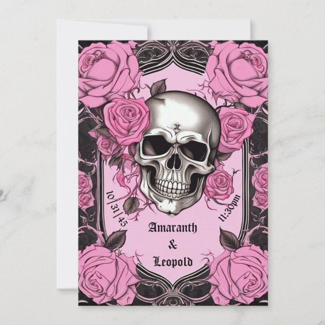 Skull And Pink Roses Traditional Gothic Wedding Invitation (Front)