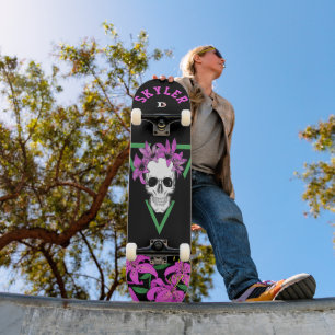Skull and Pink Tiger Lilies on Black Dd Brand Skateboard