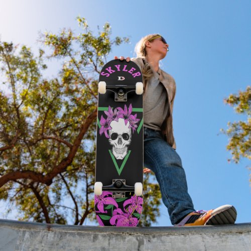 Skull and Pink Tiger Lilies on Black Dd Brand   Skateboard